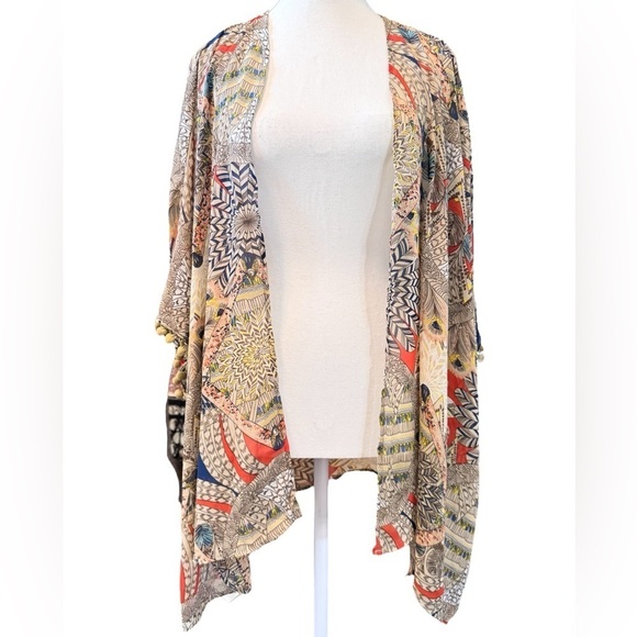 Umgee | Taupe & Blue Feather Print Kimono (M/L) - Picture 1 of 9